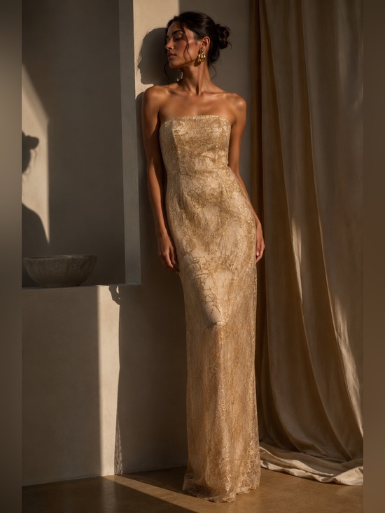 Manuel Mendoza Dresses & Skirts - Vintage Manuel Mendoza Champagne Gold Metallic Lace Bustier Gown | Couture